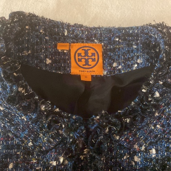 TORY BURCH Tweed Blue Teal w/white Ruffle Trim Jacket Size 10 Fully Lined +NICE! - Picture 14 of 14